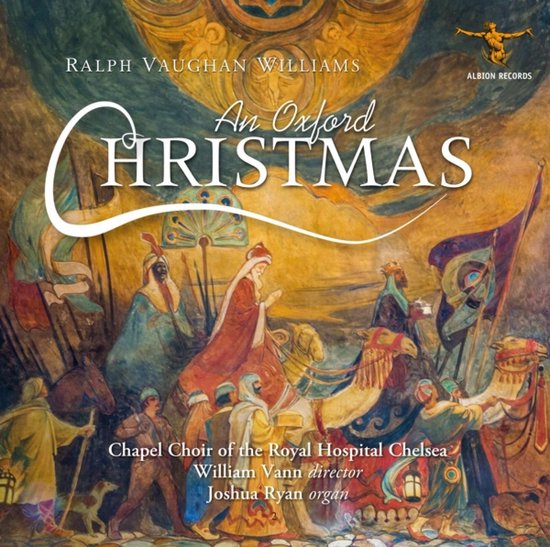 Albumhoes met de titel 'An Oxford CHRISTMAS' door Ralph Vaughan Williams, met een schilderij van de kerststal.