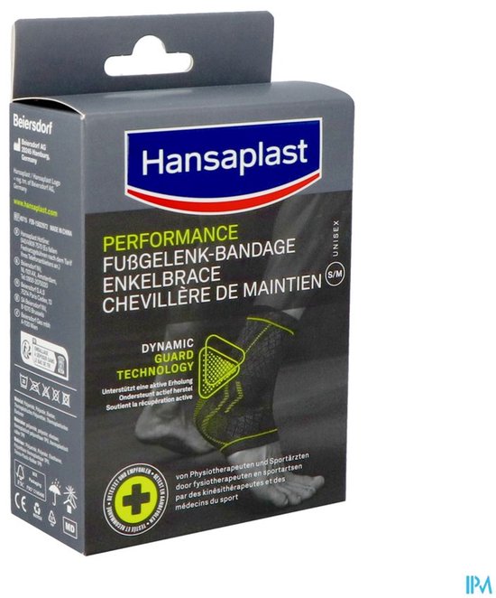 Hansaplast Performance Enkelbrace met Dynamic Guard Technology, op een afbeelding van een enkel.