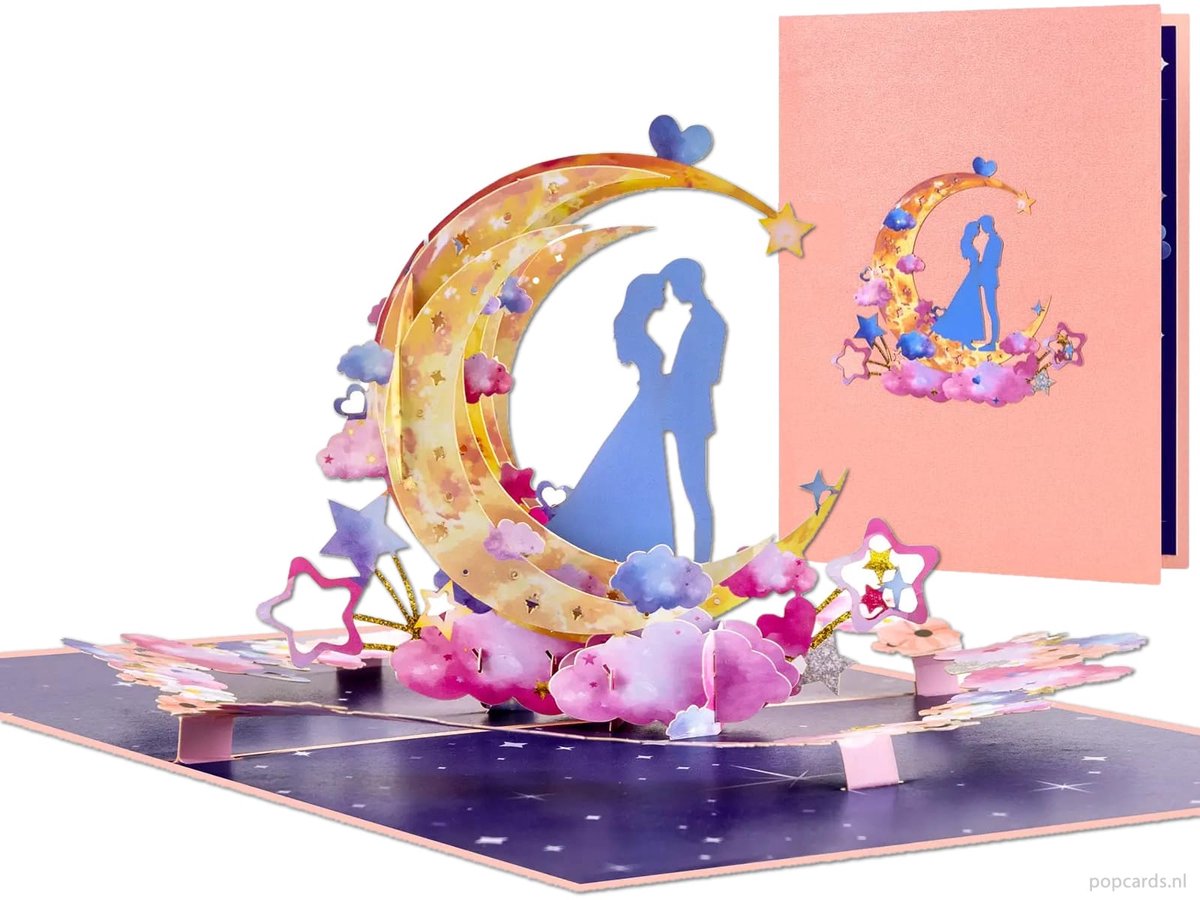Popcards Pop-up Kaart - Romantisch Liefdeskoppel in Halve Maan Trouwkaart Valentijnsdag Valentijnskaart Trouwen Samenwonen Wenskaart 3D kaart