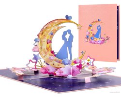 Popcards Pop-up Kaart - Romantisch Liefdeskoppel in Halve Maan Trouwkaart Valentijnsdag Valentijnskaart Trouwen Samenwonen Wenskaart 3D kaart