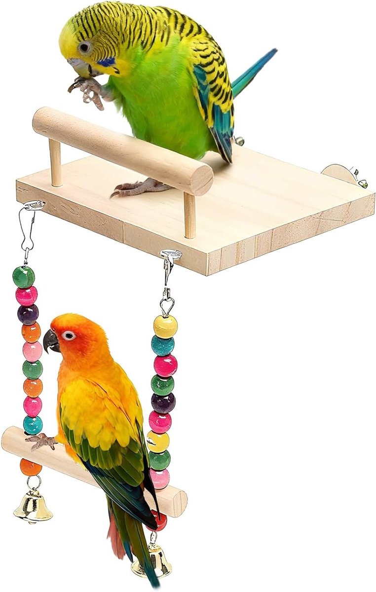 Kleurrijke speeltjes voor vogels, touwzitstok met bel, houten schommel voor papegaaien, vinkjes en parkieten