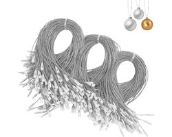 DIYASY 300 stuks Kerst Ornament String Hangers, Zilveren Ornamenten Haken voor Kerstboom Lint Hanger Snaren Decoraties met Snap Sluiting Polyester Voorgesneden Opknoping Touwen