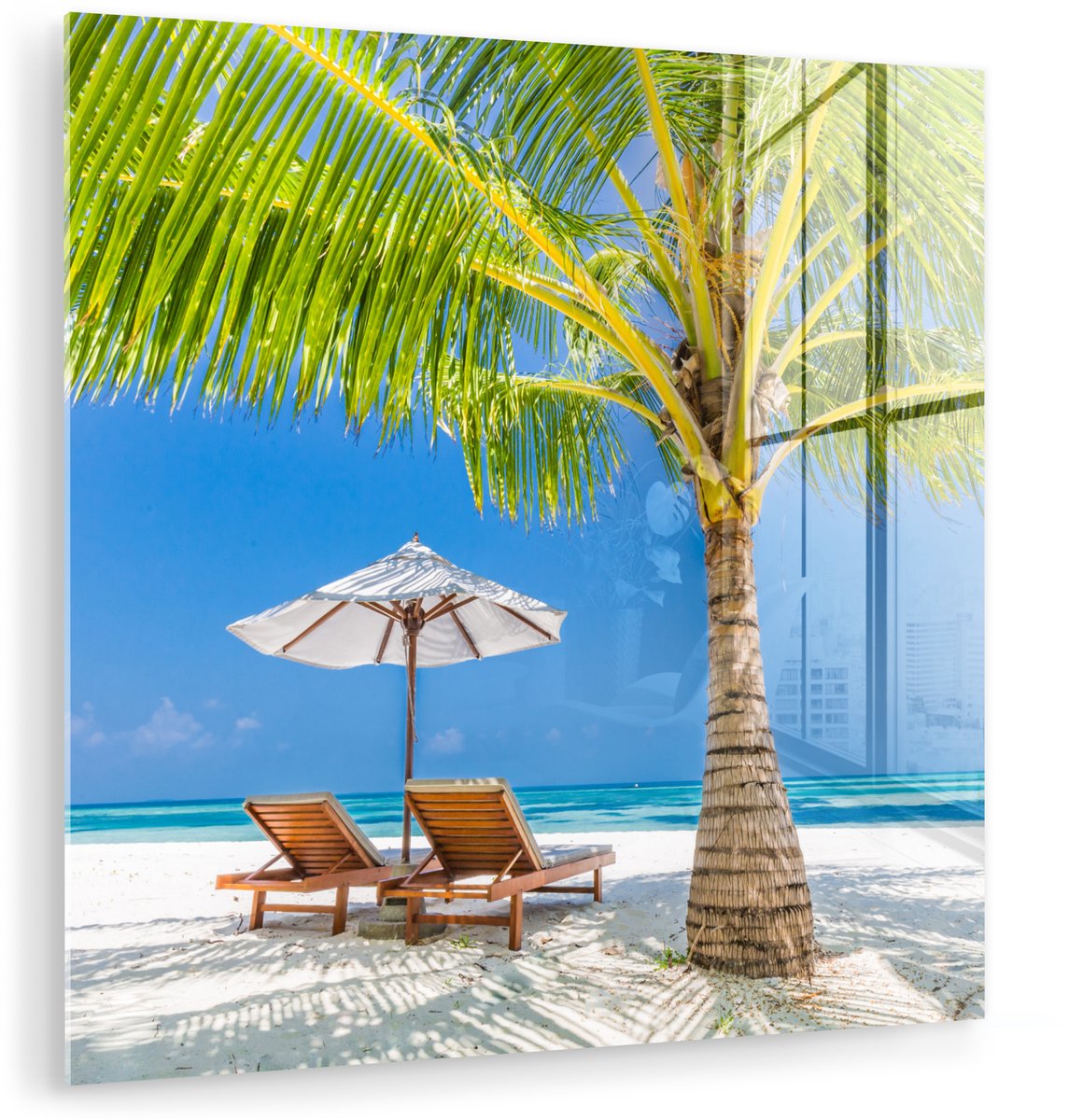 ® Glasschilderij 20x20 cm - Schilderij acrylglas - Palmboom - Strandstoel - Parasol - Foto