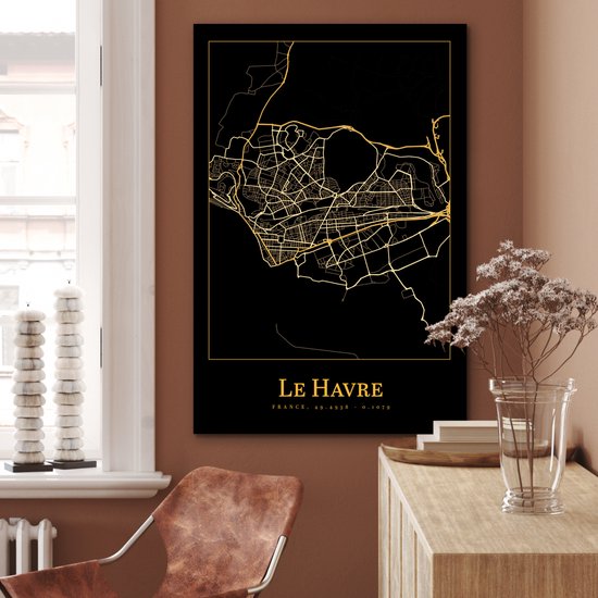 Aluminium schilderij 80x120 cm - Wanddecoratie metaal - Kaart - Le Havre - Zwart - Goud - Metalen muurdecoratie woonkamer - Decoratie industrieel - Foto op dibond - Industriële accessoires slaapkamer