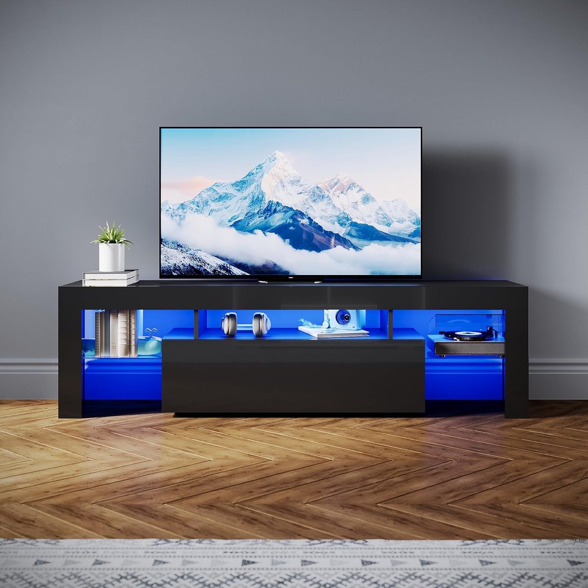Moderne TV Kast Hoogglans Zwart 160 cm met 16 Kleuren LED Verlichting
