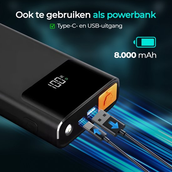 Zwarte Olvy jumpstarter met USB-C en USB-uitgangen, opgeladen tot 96%. Ideaal als 8000 mAh powerbank.