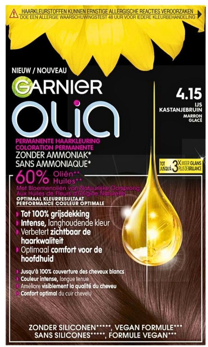 1 x Garnier - Olia 4.15 - Haarkleuring - Kastanje Middenbruin - Zonder Ammoniak - 100% Grijsdekking - Haarkleuring - Kastanje Middenbruin - Permanent Haarverf - Zonder Ammoniak - 100% Grijsdekking