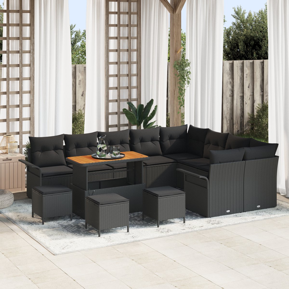 vidaXL - Tuinbank - Set - met - kussen - 13 - pcs - Zwart - poly - rattan