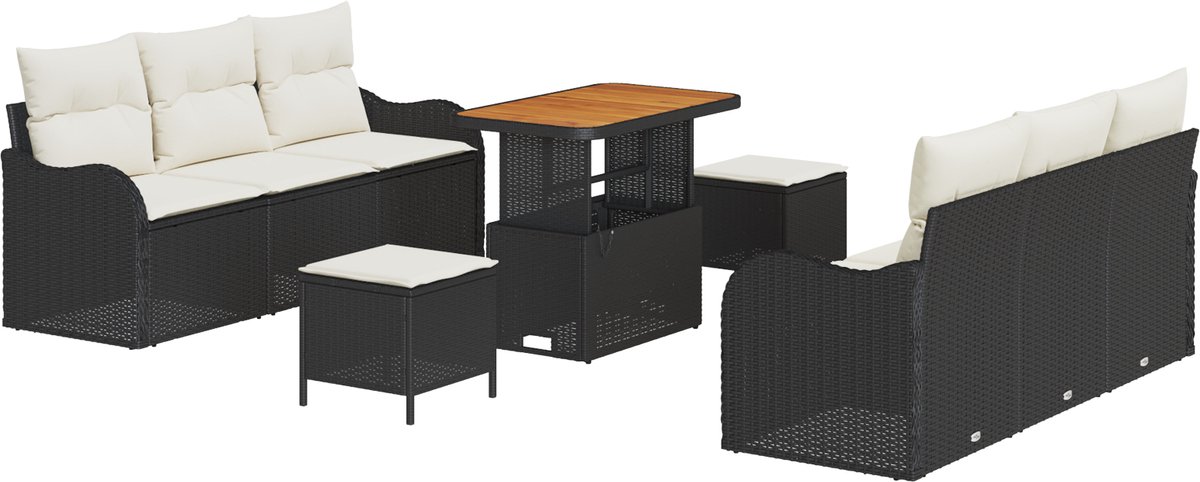 vidaXL - Tuinbank - Set - met - kussen - 9 - pcs - Zwart - poly - rattan