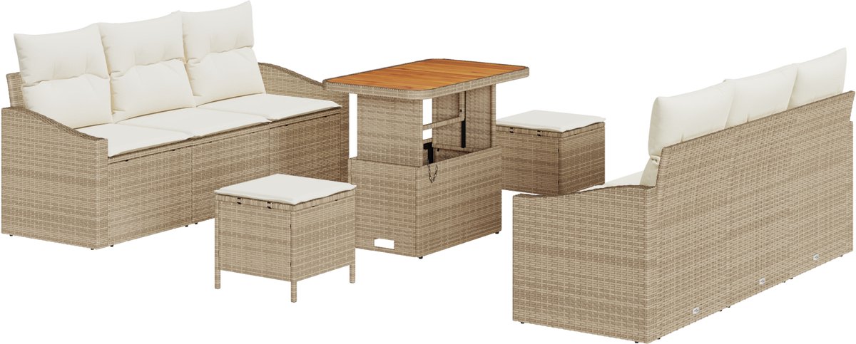 vidaXL - Tuinbank - Set - met - kussen - 9 - pcs - Beige - poly - rattan