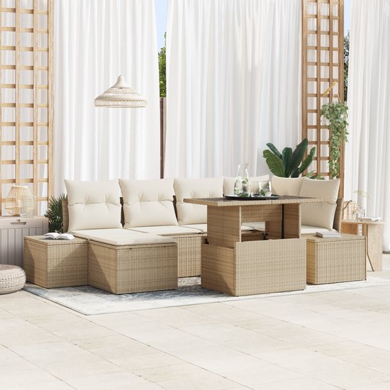 vidaXL - 7-delige - tuinsofa - set - met - kussens - in - beige - poly - rattan