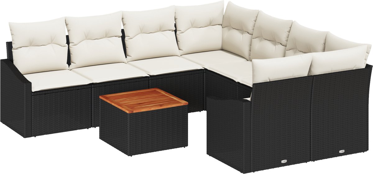 vidaXL - Tuinbank - Set - met - kussen - 9 - pcs - Zwart - poly - rattan