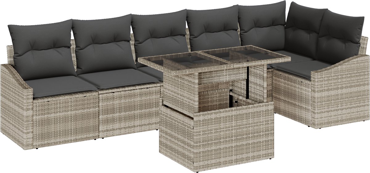 vidaXL - Tuinbank - Set - met - kussen - met - opslag - 7 - pcs - Lichtgrijs - Poly - rattan