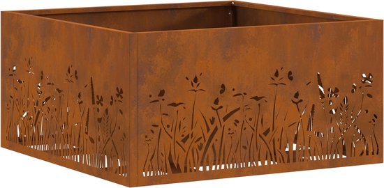 Roestbruine vierkante vuurkorf met bloemen- en grassneden.