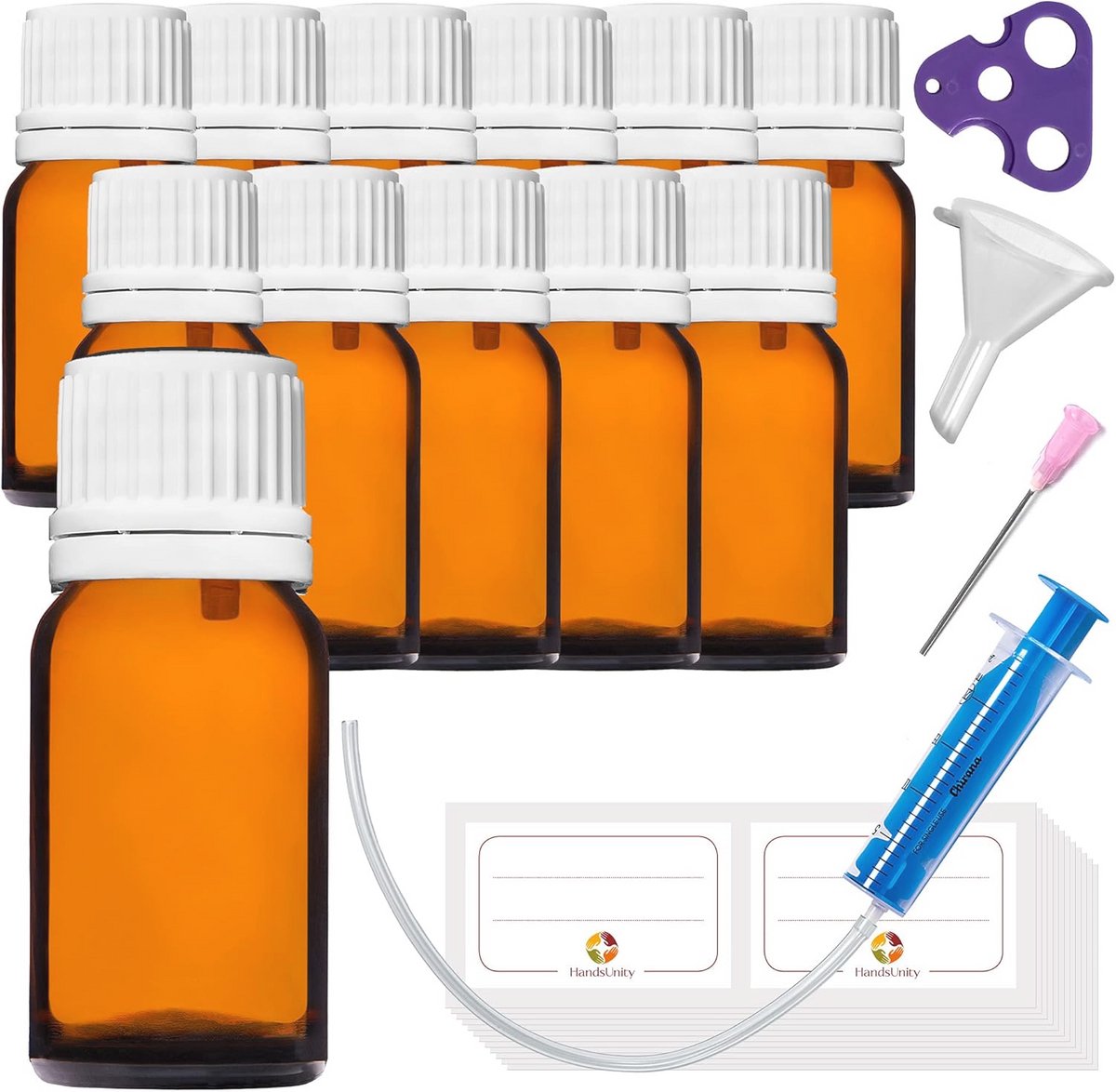 Druppelaar Inzet Flesje Set met 12 Amber Glazen Flessen en Hulp Accessoires