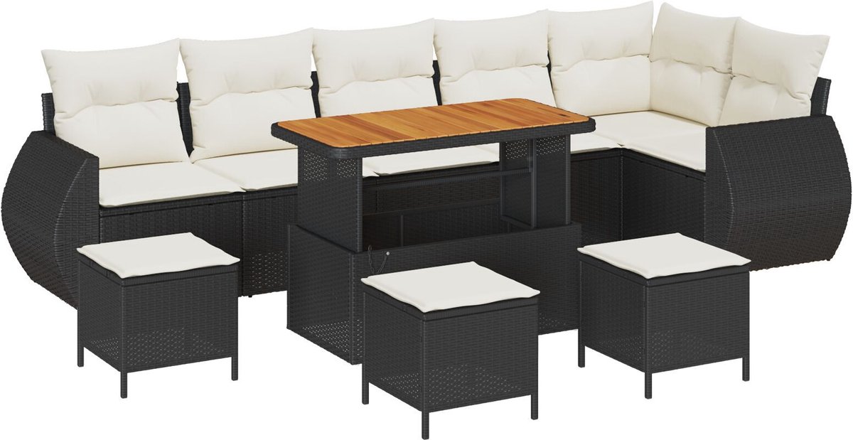 vidaXL - Tuinbank - Set - met - kussen - 9 - pcs - Zwart - en - Crème - Poly - Riet
