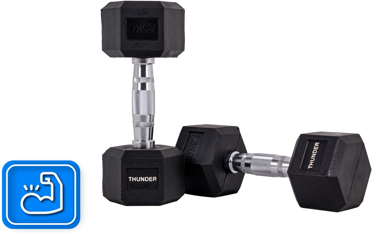 THUNDER® HEXAGONAL-DUMBBELLS-7,5KG Zwarte Rubberen Halter Stalen Kern Voor Krachttraining & Fitness Antislip Duurzaam & Professioneel Per Stuk - Stevige Grip – foto 6