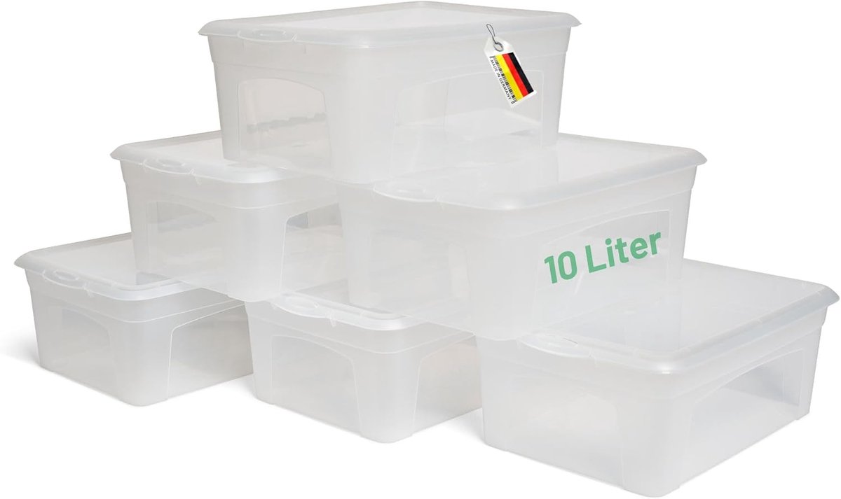 6x opbergdozen met deksel 10L transparante dozen stapelbaar nestbaar opbergdozen met clipsluiting kunststof BPA-vrij 37x26x14 cm