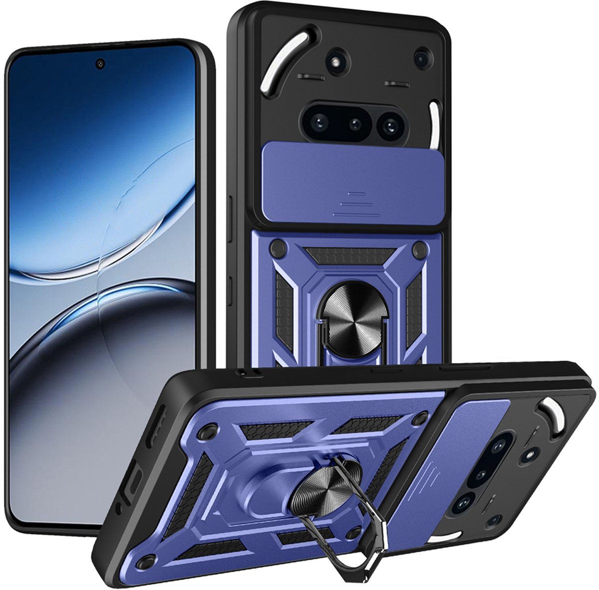 MobyDefend Hoesje - Geschikt voor Nothing Phone (3a) - Pantsercase Met Draaibare Ring - Blauw