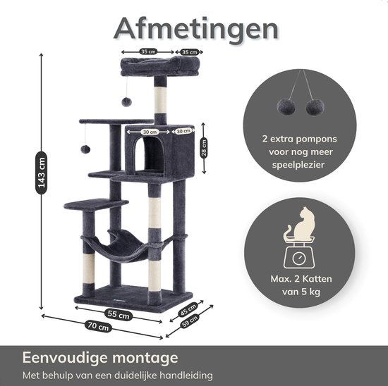 ACAZA Krabpaal - Krabpaal voor Grote Katten - Krabpaal voor Katten - 143 cm - Donkergrijs - Kattenkrabpaal - Kattenboom - Krabpalen - Kattenhuis