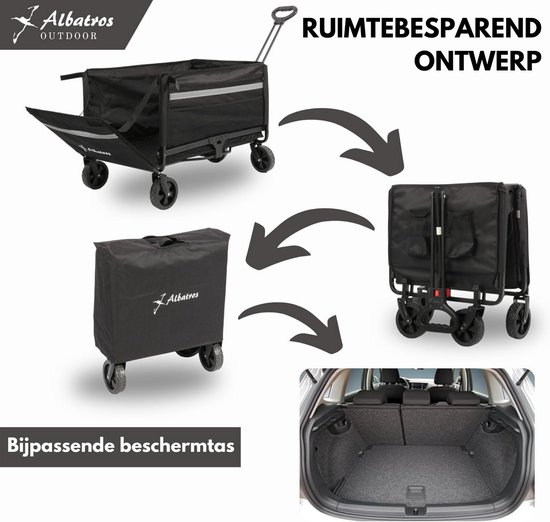 Albatros bolderkar opvouwbaar 120 liter met flesopener en bekerhouder – handkar met reflecterende strips, opening in de achterwand en afdekking – Transportkar voor buitengebruik, geschikt voor kamperen en excursies - Bolderkar 120 L — afbeelding 2