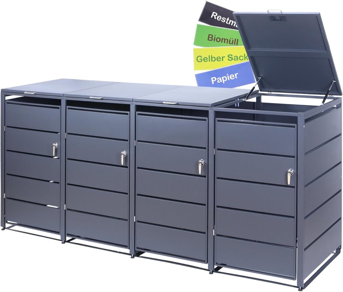 Albatros afvalcontainerbox 4 containers | tot 240 liter | antracietgrijs RAL 7016 | verzinkt staal | premium dempers | stickerset | weerbestendig | verstelbare poten | deurklink slot | tuinbox