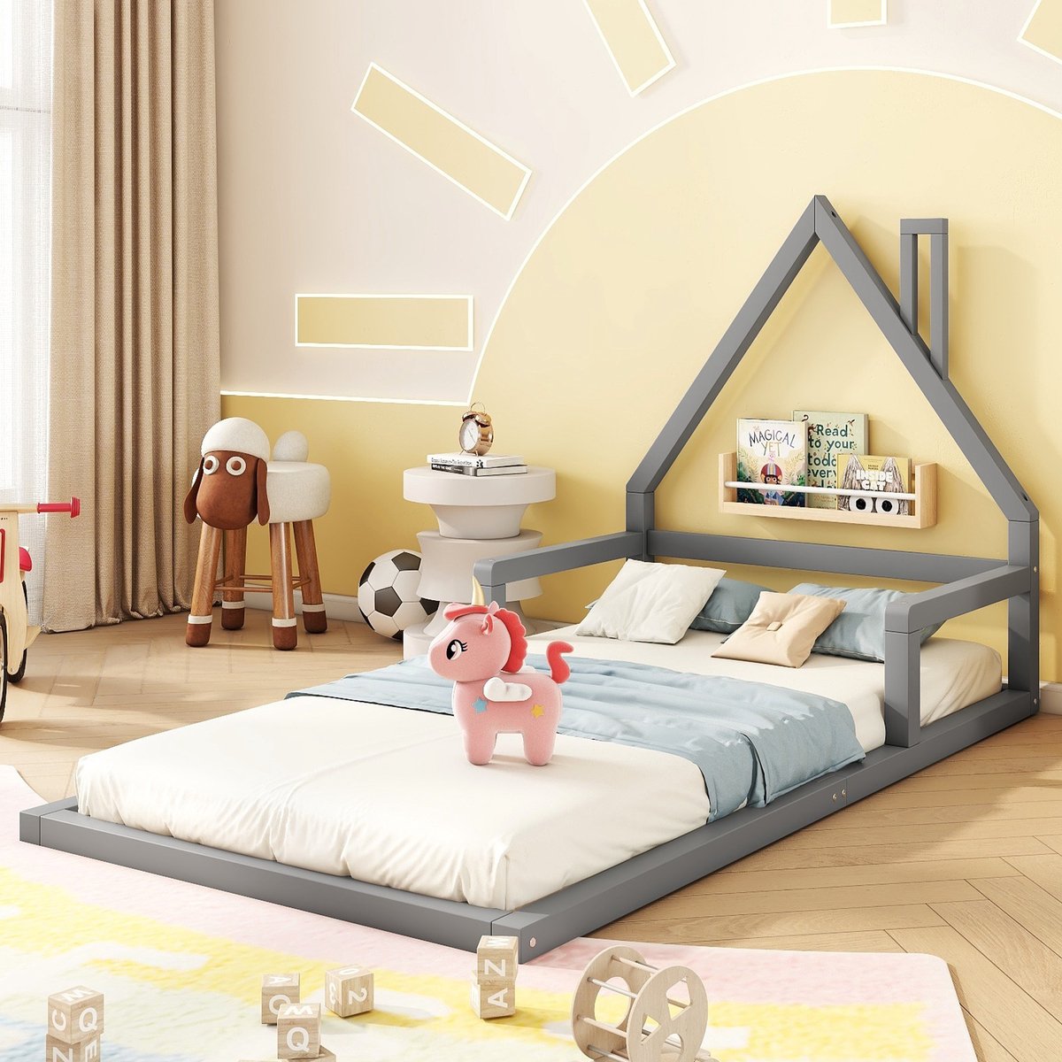 SINGULARITY Kinderbed-90*200 cm-Plat bed-Huisvorm-Stevig grenen-Grijs-Geen matras
