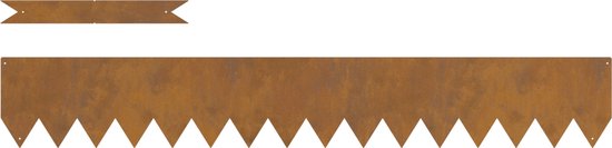 Roestbruine metalen grasafscheiding met puntige rand en een smal, puntig decoratief element erboven.