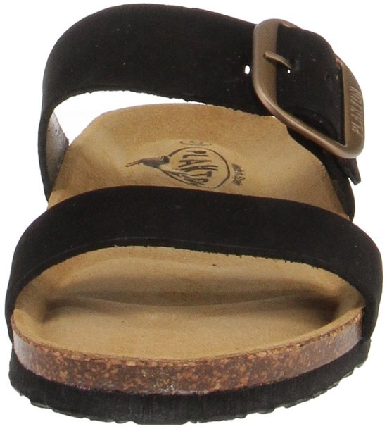 Zwarte Plakton slipper met gesp aan de zijkant, zwarte bandjes en kurken zool.