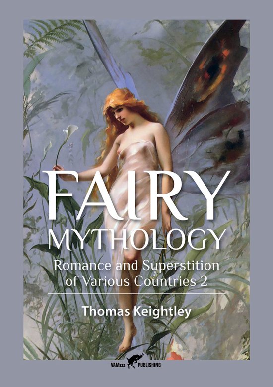 Boekomslag met een schilderij van een gevleugelde vrouw met oranje haar, die een witte bloem vasthoudt. De titel 'FAIRY MYTHOLOGY' staat groot in het midden.