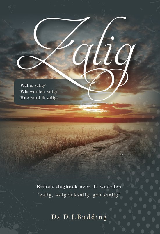 Boek kaft met titel 'Zalig' boven een zonsondergang met wolken en een landweg.