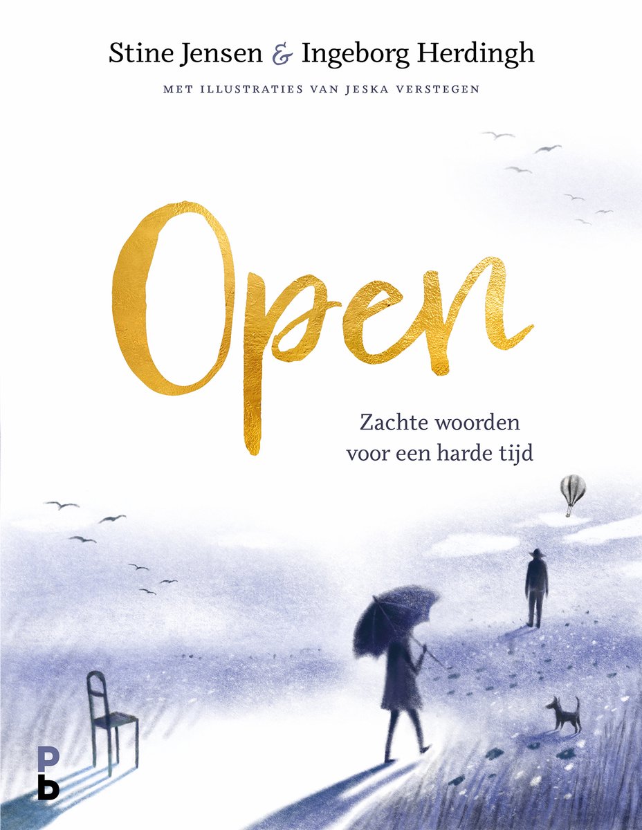 Boekcover 'Open. Zachte woorden voor een harde tijd' met gouden tekst, illustratie van een landschap met figuren en een hond.