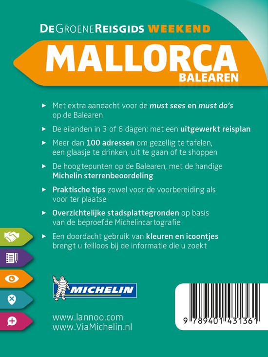 Guide Vert Michelin Week-end Majorque Baléares. Description du contenu du guide mentionnant la classification des étoiles Michelin et les plans de ville.