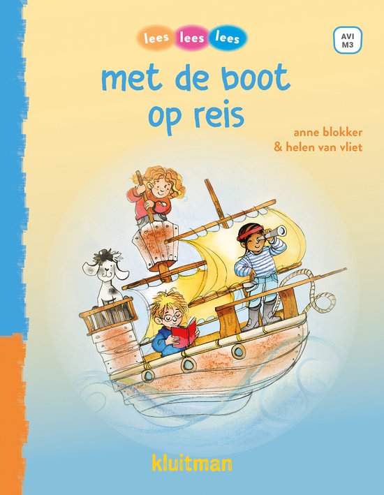Boek "Met de boot op reis" met illustratie van een boot met drie kinderen en een geit.