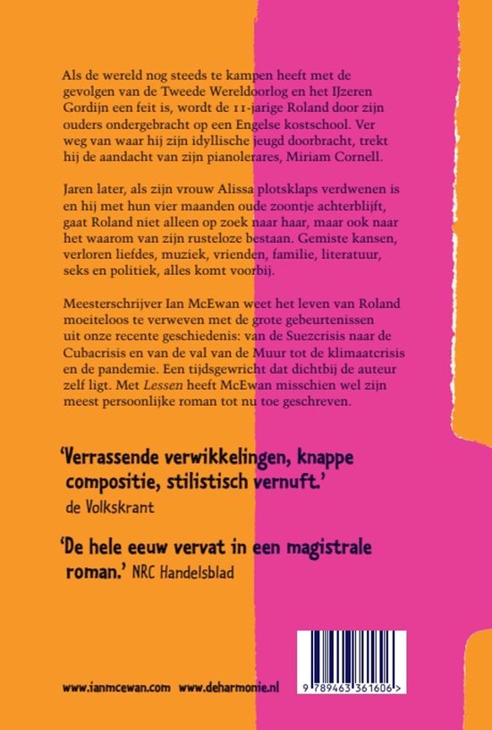 Achterkant boek 'Lessen' van Ian McEwan met recensies en barcode.