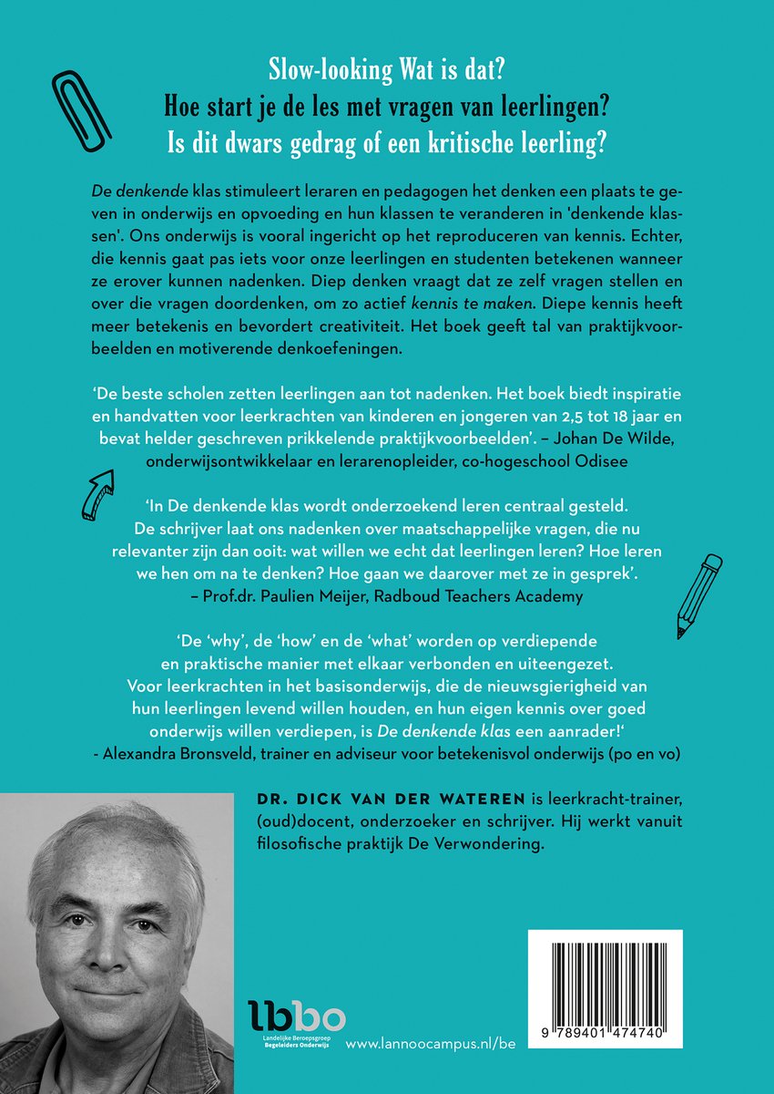 Achterkant van het boek 'De denkende klas' met een foto van Dick van der Wateren.