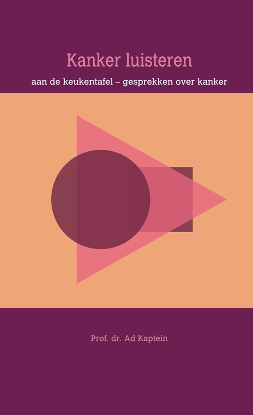 Boekcover 'Kanker luisteren', met tekst Kanker luisteren, aan de keukentafel – gesprekken over kanker, en Prof. dr. Ad Kaptein. Abstracte vormen in roze en paars op oranje achtergrond.