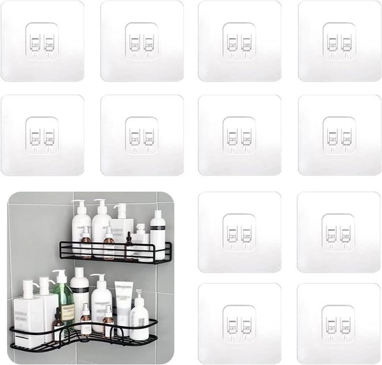 12 Stuks Douche Caddy Zelfklevende Haken Vervanging, Hoek Douche Caddy Zelfklevende Sticker Haken Transparante Kleverige Haken voor Badkamer Keuken Douche Caddy Hoekplank (Dubbele Haak
