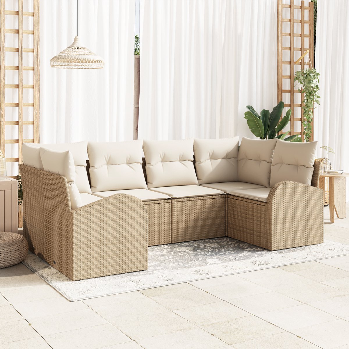 vidaXL - Tuinbank - Set - met - kussen - 6 - pcs - Beige - Poly - Riet