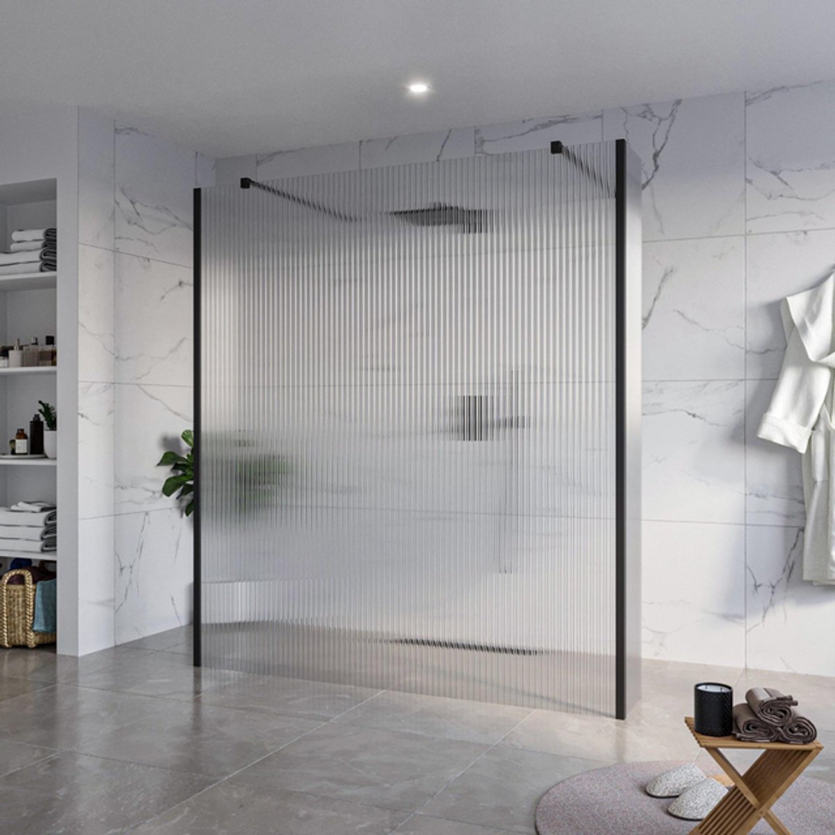 FugaFlow Eccelente Vetro Vrijstaande inloopdouche badkamer - 180x200cm - Helder geribbeld - antikalk - 8mm veiligheidsglas - 2 zijwanden 30cm - met wandarmen en hoekprofielen - Zwart mat -