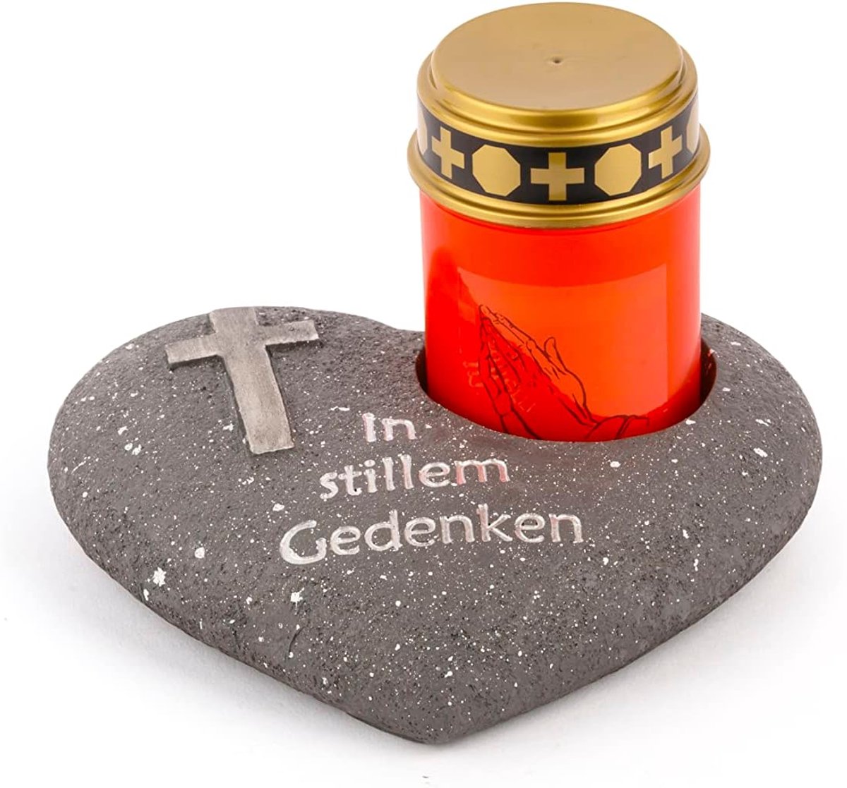 Grafversiering hart antraciet met kruis opschrift In stille herinnering incl. LED graflicht rood grafdecoratie grafhart weerbestendig grafdecoratie gedenksteen theelichthouder rouwsteen