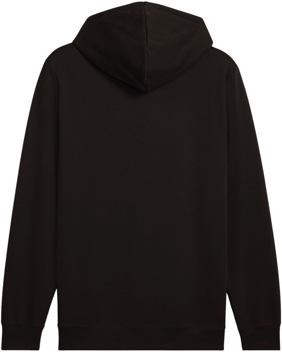 Achterkant van een zwarte PUMA hoodie met capuchon en lange mouwen.
