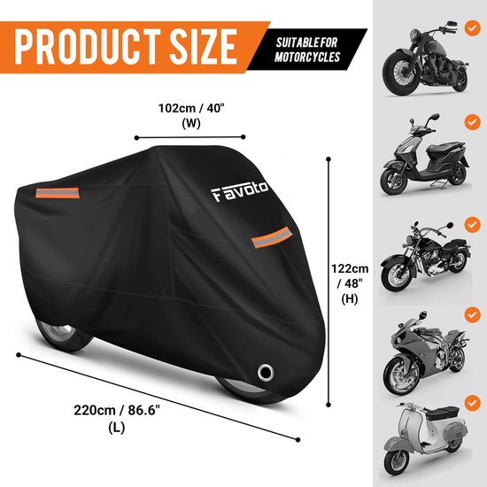 Housse de moto Favoto imperméable et résistante à l' Plein air , tissu Oxford 210T, anti-UV, anti-rayures, résistante à la chaleur, avec bandes réfléchissantes, pour scooter, cyclomoteur, motocross, 220 x 105 x 125 cm