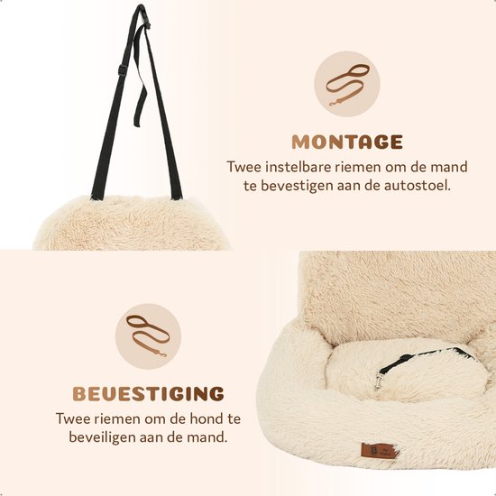 Siège auto Pet Perfect Fluffy pour chien - Panier de voiture avec sangles de sécurité - Panier 2 en 1 pour chien - Orthopédique - Antidérapant - Taille L - Beige