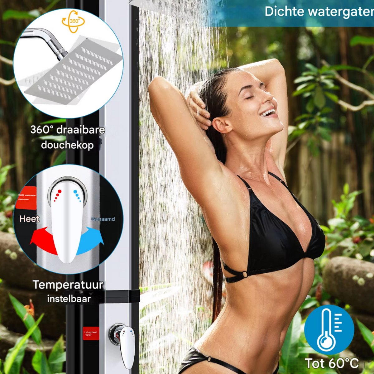 Vrijstaande Buiten Douche - Zwart - Tuindouche - Sauna douche - 360° Zonne-energie Douchekop en Voetspoeluitloop - Temperatuurgestuurd tot 60°C - Met Deksel - 60L thumbnail 8