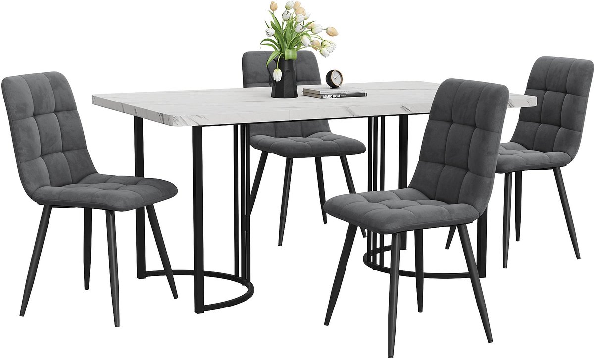 Merax 5-delig Eettafel Set - Moderne Keukentafel 140x80 cm met Zwarte Metalen Poten en Witte MDF Tafelblad - Donkergroene Stoelen