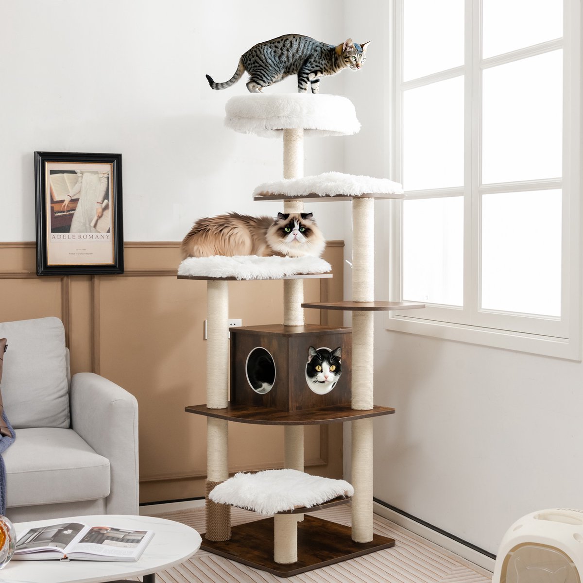 Costway 175 cm grote krabpaal van hout, 6-traps kattenkrabpaal groot, kattenspeelhuis met holte en 5 matten, activiteitenboom, kattenmeubel, klimboom, kattenhuis, kattenboom, donkerbruin thumbnail 5