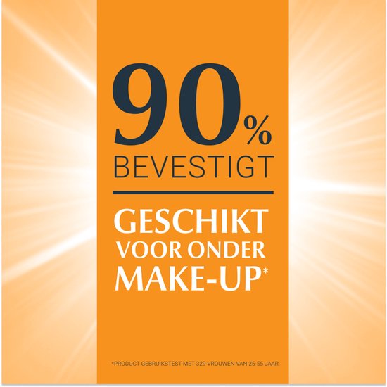 Tekst op oranje achtergrond: '90% bevestigt: Geschikt voor onder make-up'.