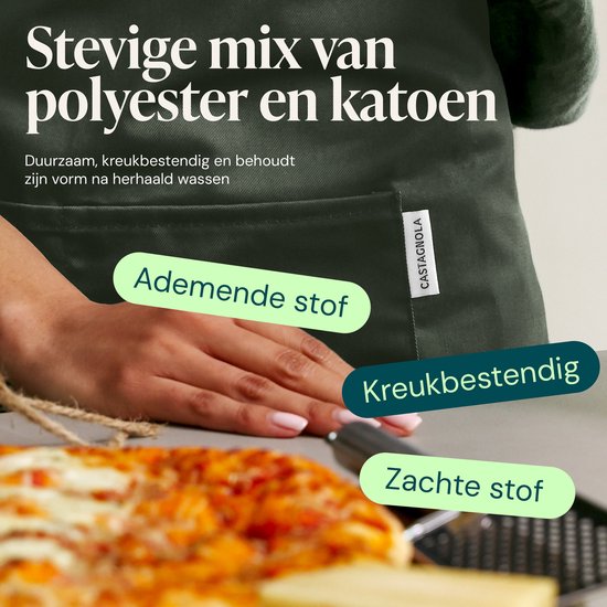 Gros plan d'un tablier de cuisine vert, en polyester et coton. Il est respirant, infroissable et doux.