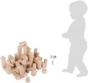 Houten blokken van naturel hout, naast silhouet van kind met markering van 9 cm.